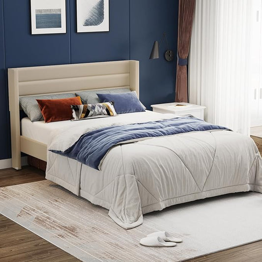 Casaottima Queen Size Bed Frame Platform with Velvet Wingback Upholstered Headboard and Strong Wooden Slats Support, No Box Spring Needed, Easy Assembly, Noise Free (White, Queen)