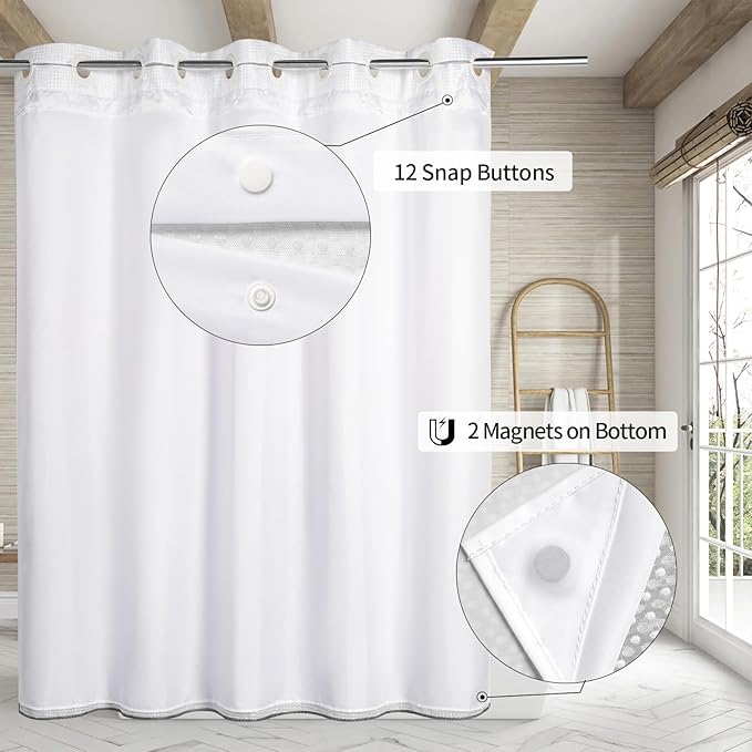 MitoVilla No Hooks Needed Grey Ombre Waffle Shower Curtain with Snap-in Liner, Modern Waffle Weave Heavy Duty Fabric Cloth Shower Curtain for Luxury Neutral Hotel Spa Bathroom Decor, 72 x 74