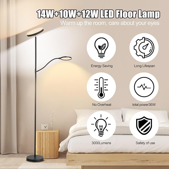 LED Floor Lamp, 36W/3000LM Super Bright Modern Tall Standing Lamp, 3 Color Temperatures Torchiere Sky Lamp with Dimmable Reading Light, Remote & Touch Control for Living Room, Bedroom, Office