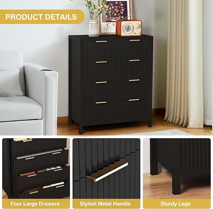 Fluted 4 Drawer Tall Dresser for Bedroom, Mid Century Modern Nightstand with Drawers, Tall Bedside Table for Closet Cloth, Living Room End Table with Storage for Dorm -Black