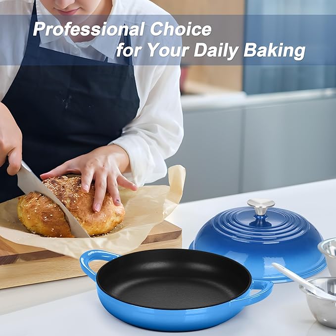 TeamFar Cast Iron Bread Dutch Oven, 6 Qt Enameled Dutch Oven Pot for Sourdough Bread Baking, with Tall Dome Lid & Round Base Pan, Self-Basting & Even-Heating, Heavy-Duty & Non-stick, Blue
