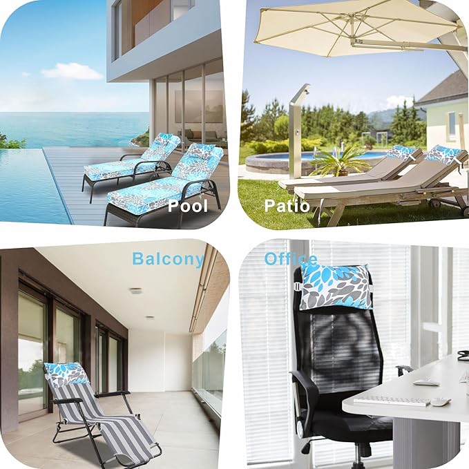 JMGBird Outdoor Pillow for Chaise Lounge Chair Set of 2 Waterproof Headrest Pillow Lumbar Pillows with Insert & Adjustable Elastic Strap for Beach Poolside Patio Office, 10x16 Inch