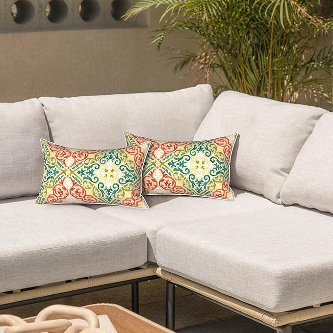 LVTXIII Set of 2 Outdoor Lumbar Pillows for Patio Furniture with White Piping, 12"x20" Fade Resistant Patio Lumbar Pillows with Inserts for Home Coach Sofa Use, Geometric Orange