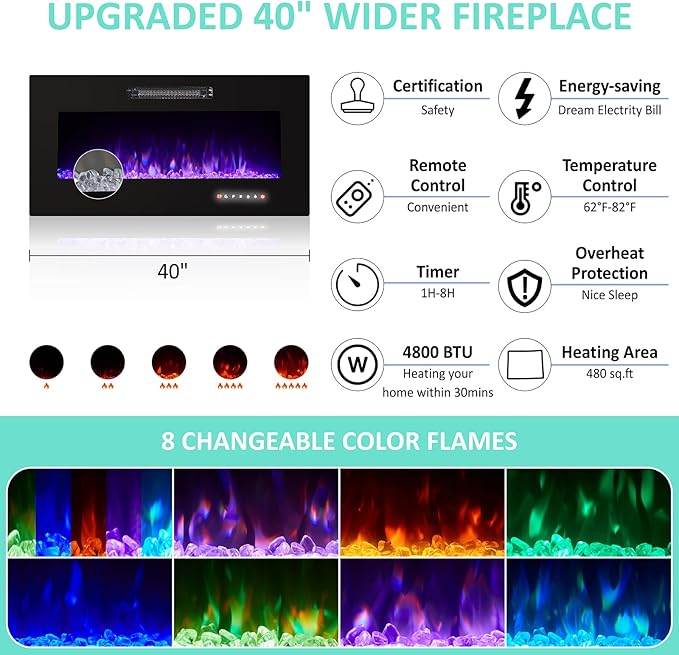 68" Modern Fireplace TV Stand for TVs up to 75", High Gloss Entertainment Center with 40" Fireplace, 4 Shelves & Storage Cabinets, Media Console Table,Grey