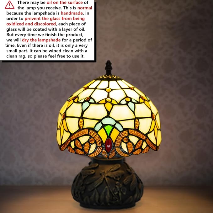 Small Tiffany Stained Glass Lamp, 3 Color Temperatures Bedside Lamp, 8 Inch Mushroom Desk Light for Bedroom Living Room Office Home Decor (Beige Baroque)