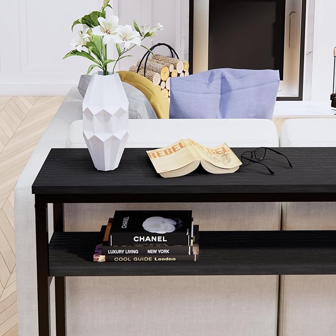 Narrow Console Table, 39.4” Sofa Table with Adjustable Shelf, 2-Tier Long Skinny Table for Hallway, Entryway, Living Room, Foyer, Black