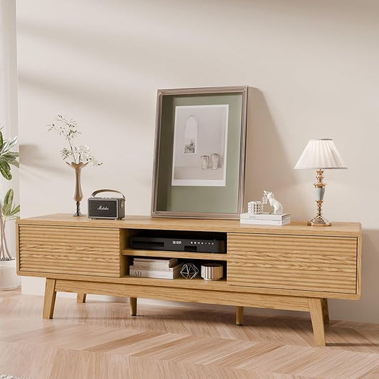 59" TV Stand, Mid Century Modern Television Stand for 43/55/65 inch TV, Low Profile TV Console with Fluted Sliding Doors, Boho Light Wood Credenza for Living Room, Oak