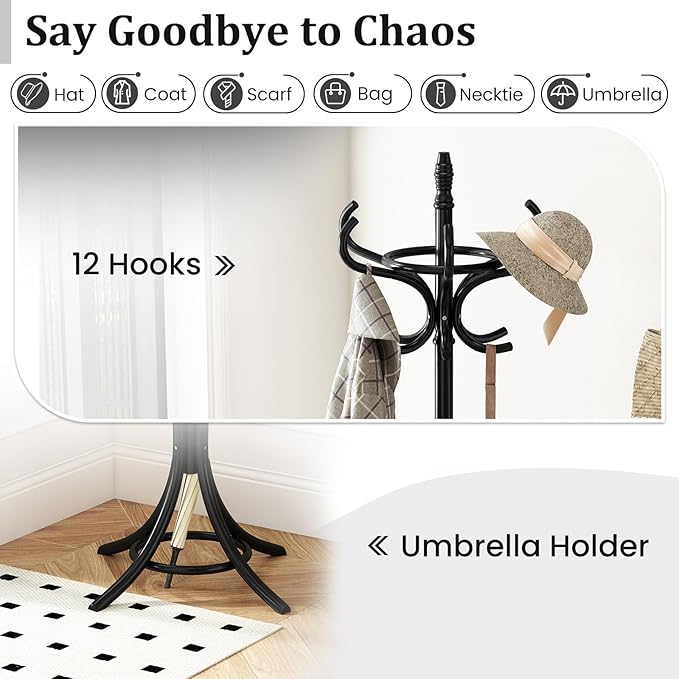 Tangkula Coat Rack with Umbrella Holder, 73 Inch Freestanding Coat Hanger Stand with 12 Hooks, Wooden Entryway Coat Tree for Clothes, Bags, Hats, Scarves, Living Room, Bedroom, Hallway (Black)