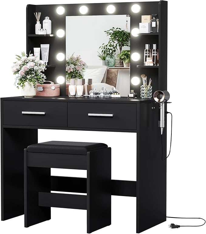 YESHOMY Vanity Desk with Mirror, Makeup Table with 2 Large Drawers, Power Outlet and Round Holder, 3 Color Modes Adjustable Bulb, Bench Included, Pure Black