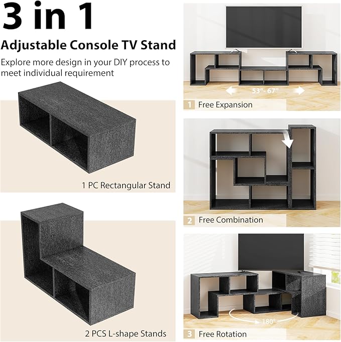 Tangkula 3 Pieces Console TV Stand, Free-Combination Entertainment Center for 50 55 60 65 Inch TV, Minimalist Modern TV Table Media Stand, DIY Open Storage Bookcase for Living Room (Black Wood Grain)