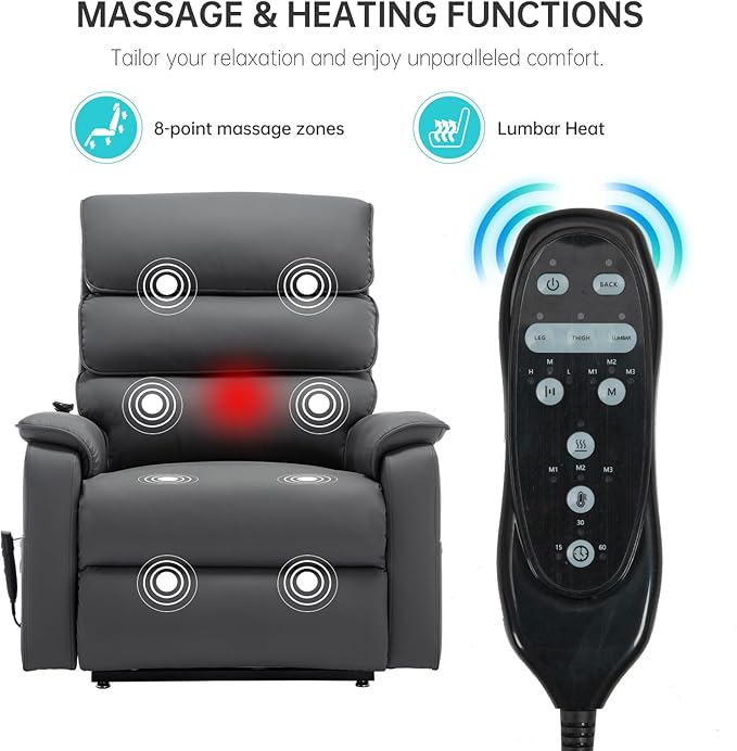 Lay Flat Lift Chair with Heat and Massage, Dual Motor Recliner Chair, Infinite Position, Up to 350 LBS, Grey, Cat Scratch-Resistant Leather