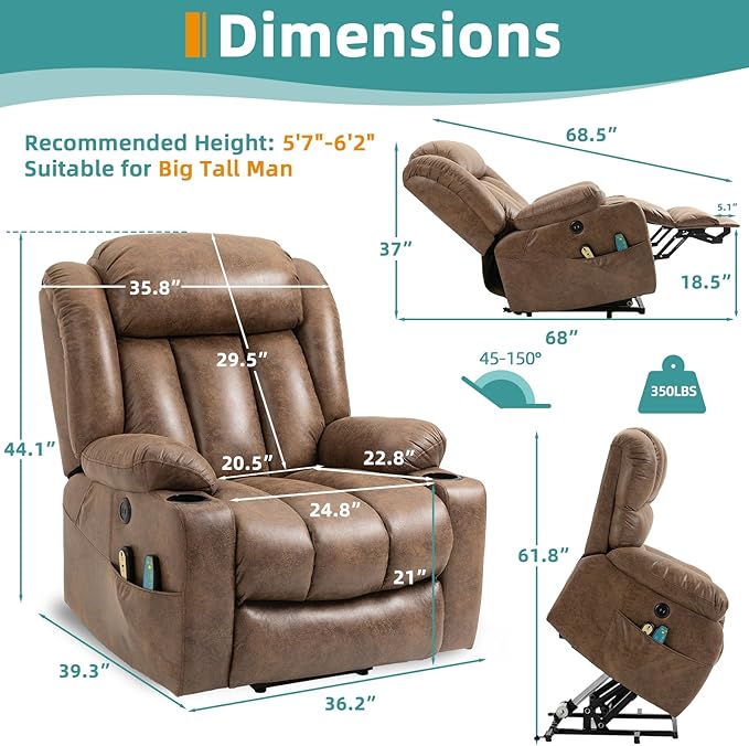 MEETWARM Large Power Lift Electric Recliner Chair with Extended Footrest for Big Tall Man, Overstuffed Wide Recliner with Massage and Heat, 2 Remote Controls/USB Ports/4 Side Pockets(Brown)