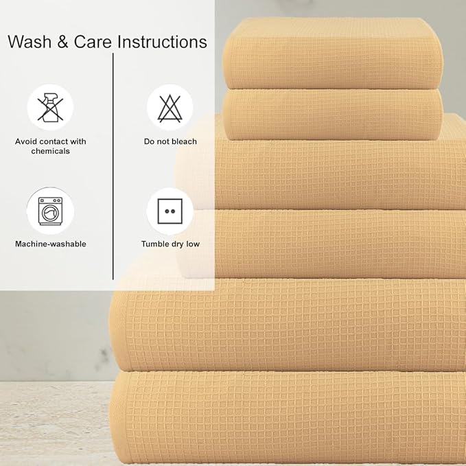 CASA COPENHAGEN Waffle Towel, 6Pieces 100% Cotton Large Towel Set- Beige, 2Bath 2Hand 2Washcloths Instant Absorb and Dry, Soft Strong Towels for Hotel Spa Kitchen Bathroom & Shower