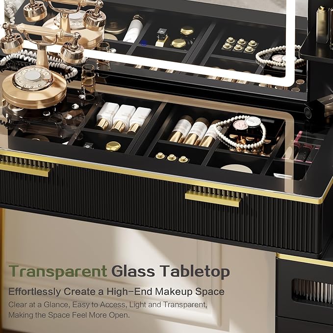 47.24" Big Modern Vanity Desk with Mirror and Lights,Makeup Vanity Desk with 5 Drawers and Storage Shelves & Power Outlet,Dressing Table with Glass Top, Black