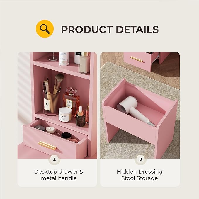 Vanity Desk with Mirror and Lights, 3 Lighting Colors and Power Outlet Makeup Vanity Desk with 5 Large Drawers and 3 Storage Shelves, Pink Vanity with Storage Stool for Bedroom