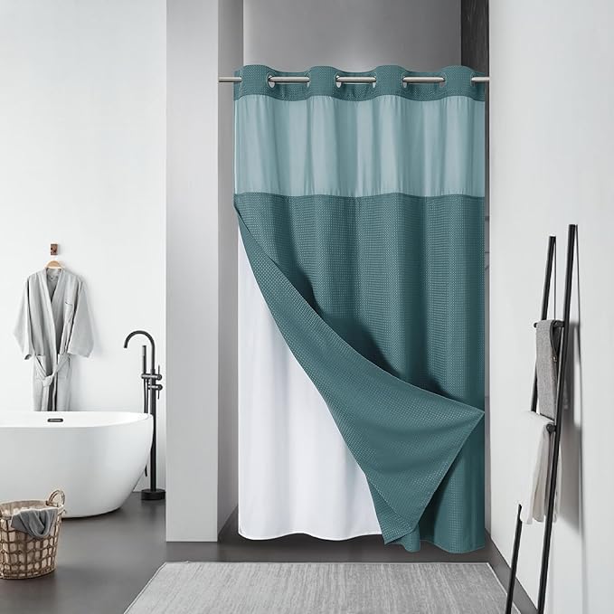 SeawedGreen No Hook Waffle Weave Shower Curtain with snap-in Liner Replacement, 230GSM Waterproof Fabric Hotel Shower Curtain Set for Bathroom, Through Mesh Top Window,54Wx80H