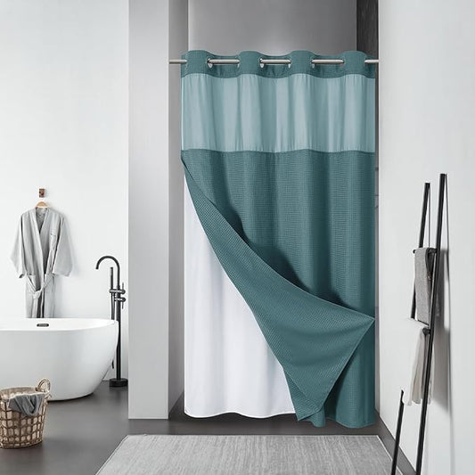 SeawedGreen No Hook Waffle Weave Shower Curtain with snap-in Liner Replacement, 230GSM Waterproof Fabric Hotel Shower Curtain Set for Bathroom, Through Mesh Top Window,54Wx80H