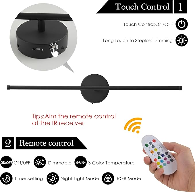 Battery Operated Wall Sconces Set of Two, with Remote Control, Dimmable, Warm White/Natural White/Daylight/RGB, 350°Rotate, LED Black Wireless Wall Light for Living Room, Bedroom, 28.3 Inch