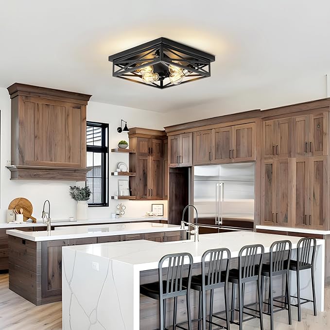 4-Light Flush Mount Ceiling Light Fixture, Kitchen Lights, Black Farmhouse Flush Mount Light Fixture, Metal Cage Closed to Ceiling Mounted Lights for Hallway Entryway E26 Base(1 Pack 13in)