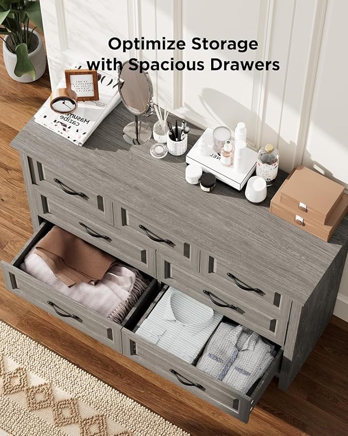 Pipishell Grey 7 Drawers Dresser for Bedroom, 47" Wide Wood Rustic Chest of Drawers with Bar Handles, Farmhouse Storage Dressers Organizer for Bedroom, Living Room, Hallway, Grey
