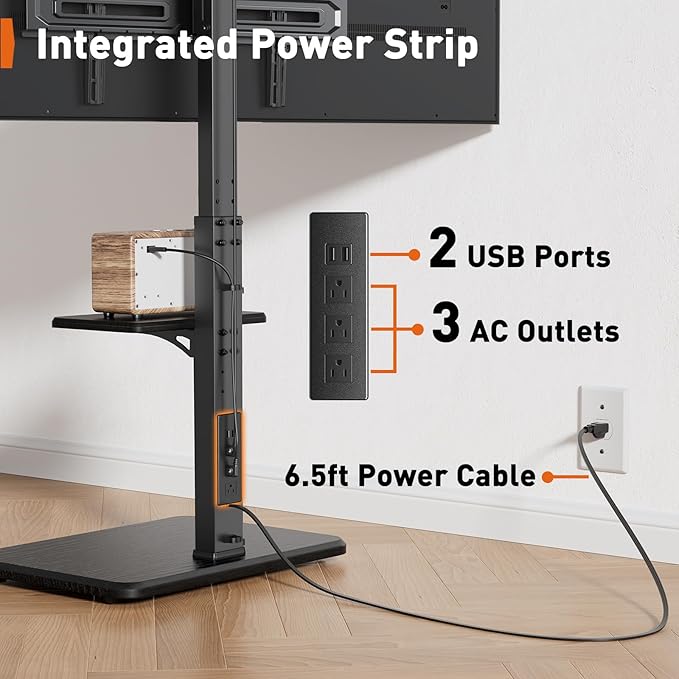Perlegear Floor TV Stand with Power Outlet, Universal TV Stand for 32-75 inch TVs up to 110 lbs, Height Adjustable Standing TV Mount, Tall TV Mount with Wood Base, Max VESA 600x400mm, PGFS06