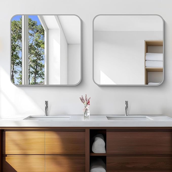 Silver Bathroom Mirror, 30 x 30 Inch Silver Square Mirror, Metal Framed Rectangular Vanity Mirror, Rounded Corner Wall Mounted Mirror for Living Room Bedroom Entryway Hangs Horizontal/Vertical
