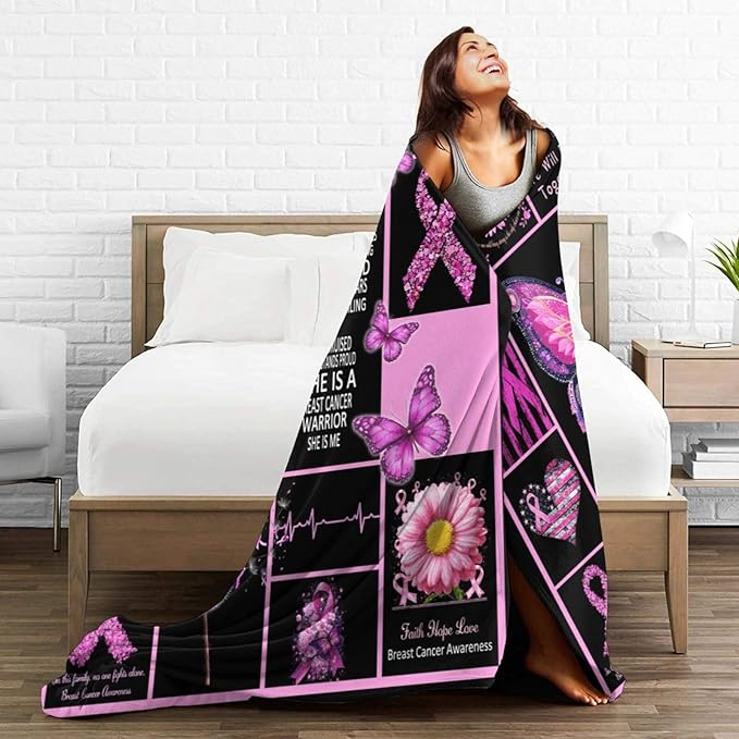 Breast Cancer Awareness Blanket Pink Ribbon Flannel Plush Throw Blanket Cozy Inspirational Warrior Decor Fleece Stuff Blanket Gifts for Lover Girls Boys Kids Adults Women Bed Travel 40"x50"