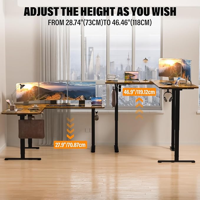 63 x 55 inch L Shaped Standing Desk, Corner Computer Desk, Electric Adjustable Height Stand Up Table, L Sit Stand Desk for Home Office Gaming, Rustic Brown