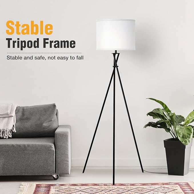 Floor Lamp for Living Room, 61'' Modern Tripod Floor Lamps with White Shade & Rotary Switch, Black Floor lamp for Bedroom, Office, Simple Design Lamp