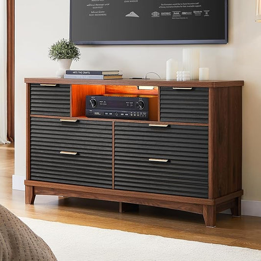 AOGLLATI Black Dresser for Bedroom with Slanted Louvre Design,Retro Chest of Drawers with Charging Station, Wooden Wide Led 6 Drawer Dresser for Bedroom,Living Room, Hallway, Black & Brown