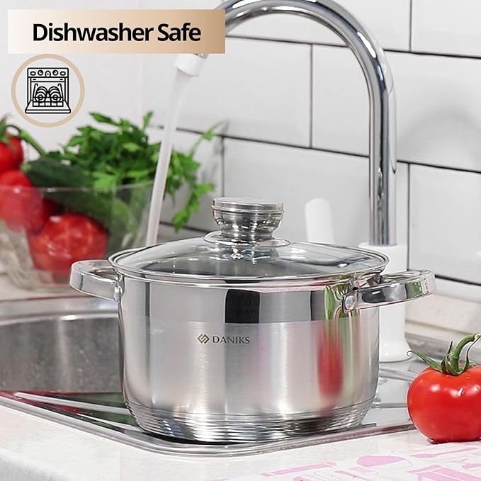 Daniks Standard Stainless Steel Stock Pot with Glass Lid – Induction 7 Quart, Dishwasher Safe, Measuring Scale, For Soup, Pasta, Stew, Silver