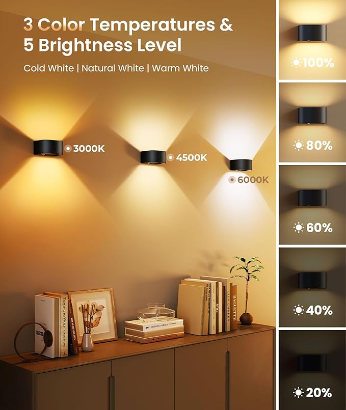 FULEN Motion Sensor Wall Lights with Remote Control 3 Colors Wireless Wall Lamp LED Indoor Up Down Wall Sconces 5000mAh Rechargeable Battery Powered Wall Lamps Brightness Adjustable, 1 Pack