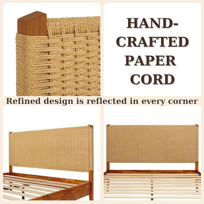 Bme Selina King Bed Frame and Headboard - Handcrafted Paper Cord Headboard, 12-Slat Support, No Box Spring Needed - Easy Assembly, Caramel