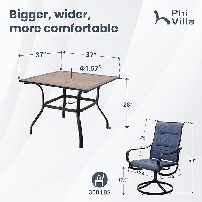 PHI VILLA 5 Piece Outdoor Patio Dining Set with 4 Padded Swivel Dining Chairs & 1 Wood-Look Dining Table, All Weather Blue Chair and Metal Table for Deck Lawn Garden