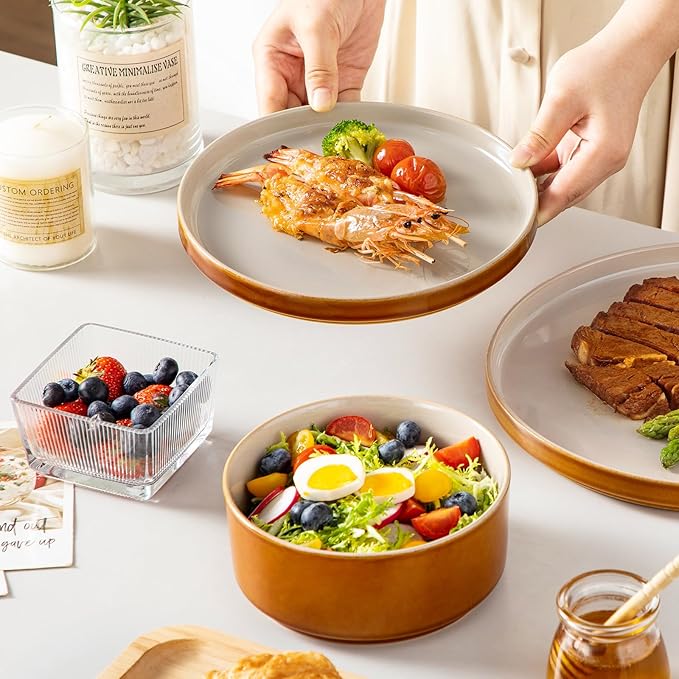 vancasso ONION Ceramic Plates and Bowls Sets, 18 Pieces Grey Dinnerware Sets for Kitchen, Reactive Glaze Dishes Set for 6, Dishwasher and Microwave Safe