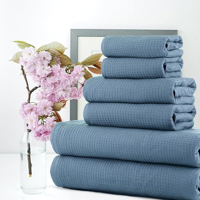 CASA COPENHAGEN Waffle Terry Towel 6Pcs Set, Cotton Extra Large Luxurious- Dusty Blue, 2Bath Sheets XL- 35 x 70 Inch, 2Large Hand Towels- 20 x 31Inch, 2Large Washcloths- 16 x 16 Inch