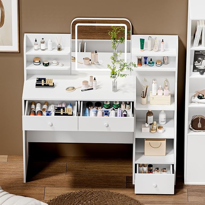 White Makeup Vanity Desk with Square LED Mirror & 6 Open Shelves - 3-Color Adjustable Lighting, 3 Drawers + Right-Side Sloped Design, Dressing Table for Bedroom, Women, Teens
