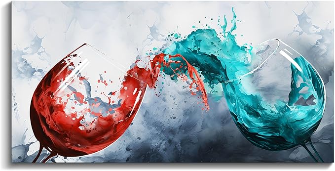 Pogusmavi Dining Room Wall Art Wine Glass Canvas Wall Pictures Kitchen Art Wall Decor Blue & Red Wine Cups Painting Modern Wall Art for Living Room Office Artwork Wall Decor 24x48IN