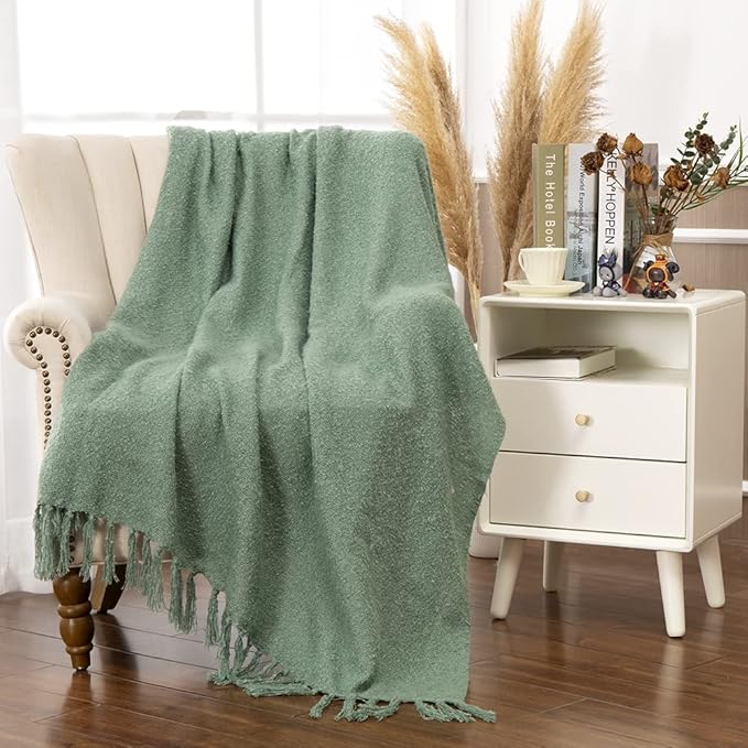 Gealaek Decorative Fluffy Green Throw Blanket Fringe Lightweight Fuzzy Faux Cashmere Soft Cozy Throws for Sofa Bed Farmhouse 50" x 60"