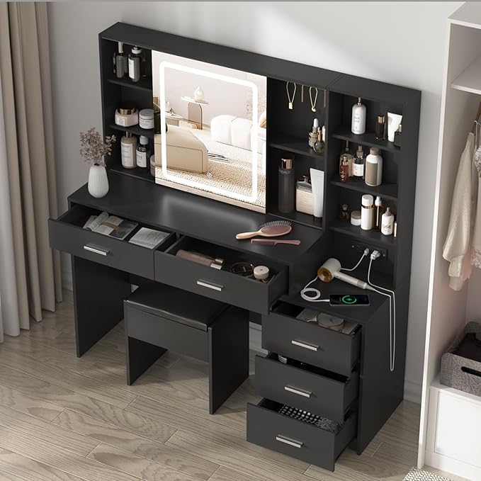 Fameill Vanity Desk with Mirror and Lights, Makeup Vanity with 5 Drawers, Makeup Desk with Charging Station and Ample Storage, Dressing Table with Chair for Bedroom Room (Black)