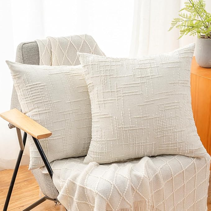 Decorative Throw Pillow Covers 18x18 Inch Set of 2, Thick Solid Farmhouse Chenille Couch Pillows, Spring Pillow Covers for Couch Sofa Bed Living Room Home Decor Pillowcase,White