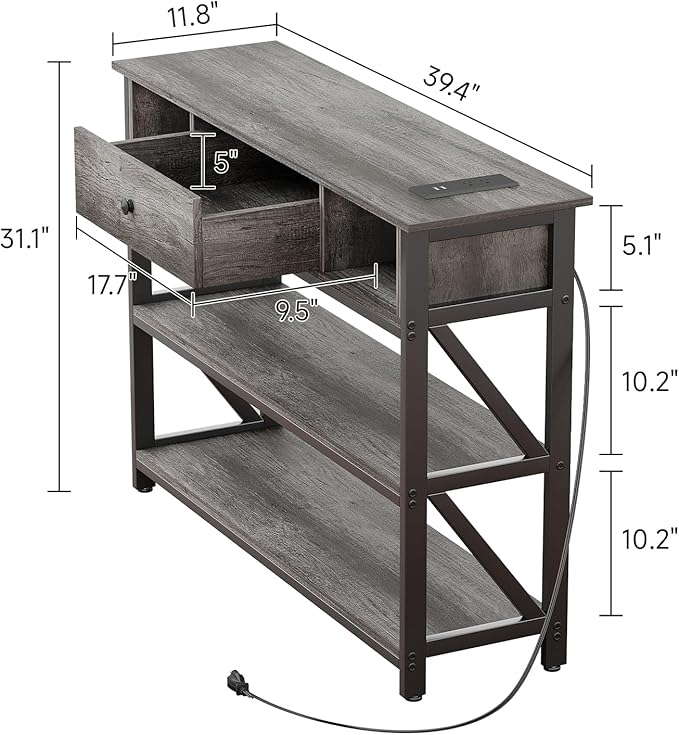 Mexin 39 Inch Console Table with 2 Outlet and 2 USB Ports, Entryway Table with Drawer and Storage Shelves, Narrow Sofa Table for Living Room and Hallway, Grey Oak