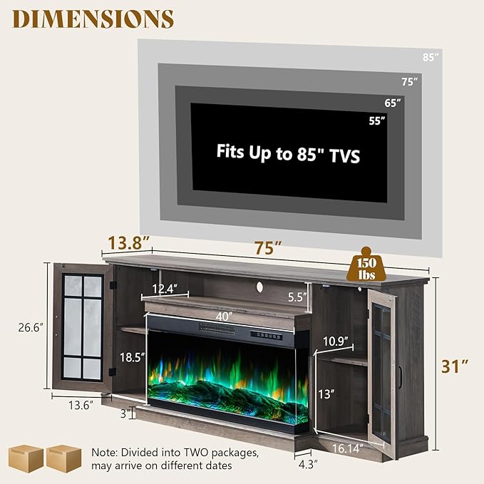 AMERLIFE 75in 3-Sided Glass Fireplace TV Stand with LED Lights for TVs up to 85", Rustic Fireplace Media Entertainment Center Console Cabinet Table with Glass Door Closed Storage, Wash Gray