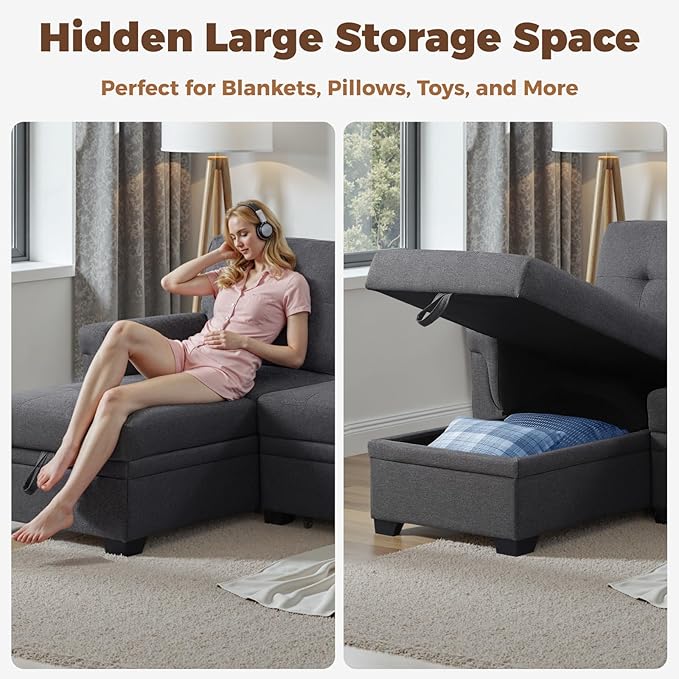 83 Inch L Shaped Modular Convertible Sleeper Sectional Sofa Bed with Storage Chaise and Pull-Out Bed, Linen Upholstered Reversible Corner Couch for Living Room, Home Furniture, Dark Gray