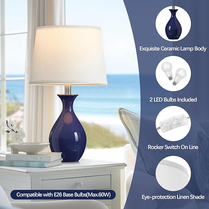 PARTPHONER Table Lamp Set of 2, Modern Ceramic Bedside Lamps for Night Stands, Classic Small Lamp Nightstand Lamp for Bedroom Living Room Desk End Table Rocker Navy Blue