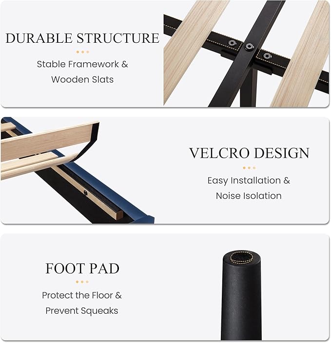 SHA CERLIN Full Size Velvet Bed Frame with Vertical Channel Tufted Wingback Headboard, Upholstered Platform Bed with Wood Slats, No Box Spring Needed, Easy Assembly, Blue