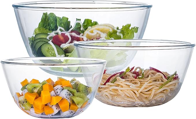 Glass Mixing Bowl Set for Baking 3-Piece Salad Bowl Set (1qt, 2.5qt, 4.2qt), High Brosilicate Large Bowls for Kitchen Prepping Serving and Storage, Microwave Dishwasher Oven Safe