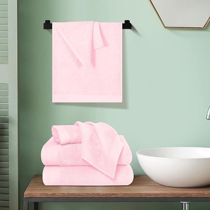 Ultra Soft 6 Pack Cotton Towel Set, Contains 2 Bath Towels 28x55 inch, 2 Hand Towels 16x24 inch & 2 Wash Coths 12x12 inch, Ideal Everyday use, Compact & Lightweight - Pink