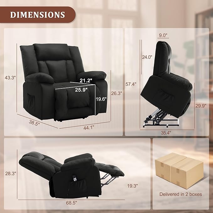 Oversize Dual Motor Power Lift Recliner for Adults, Electric Lift Chair with Heating and Massage, Waffle Leather Electric Recliner Chair with Side Pockets, Wide Recliner for Living Room