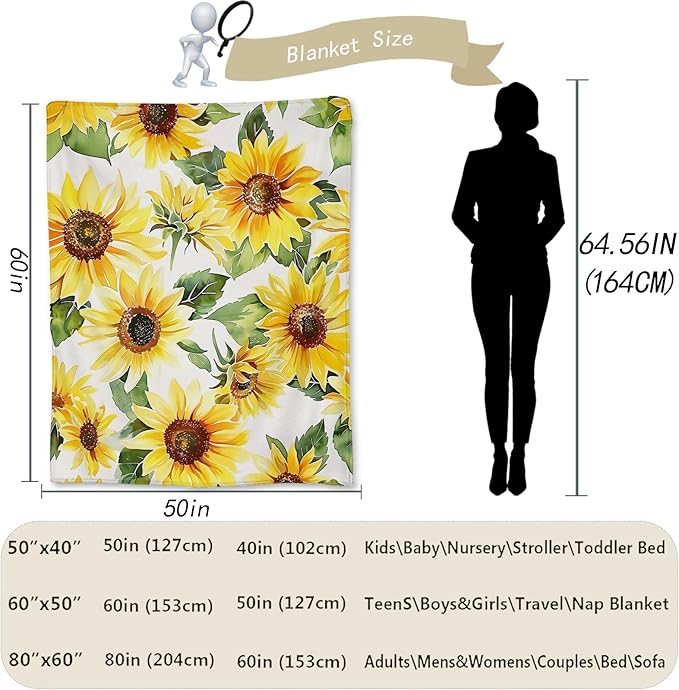 Hand Drawn Sunflower Blanket - Ultra Soft, Fluffy, Lightweight Flannel Throw Blankets for Couch, Bed, Travel, Outdoor - Cozy, Fuzzy Home Decor, for Adults Kids Women Girls 50×40 in